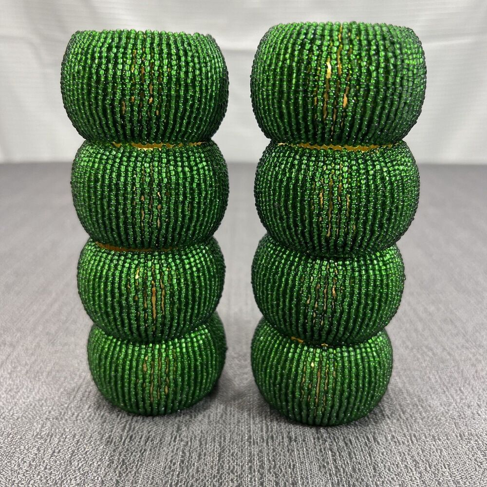 Tahari Home Glass Beaded Kelly Green Gold Napkin Rings Set Eight